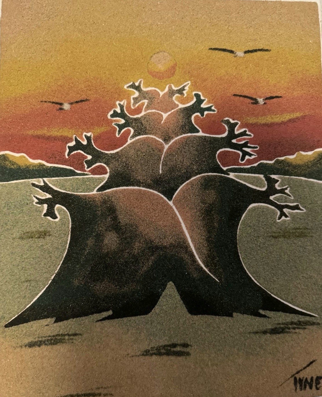 Baobab Tree by Senegalese sand artist TINE sand with Baobab tree glue on wood panel