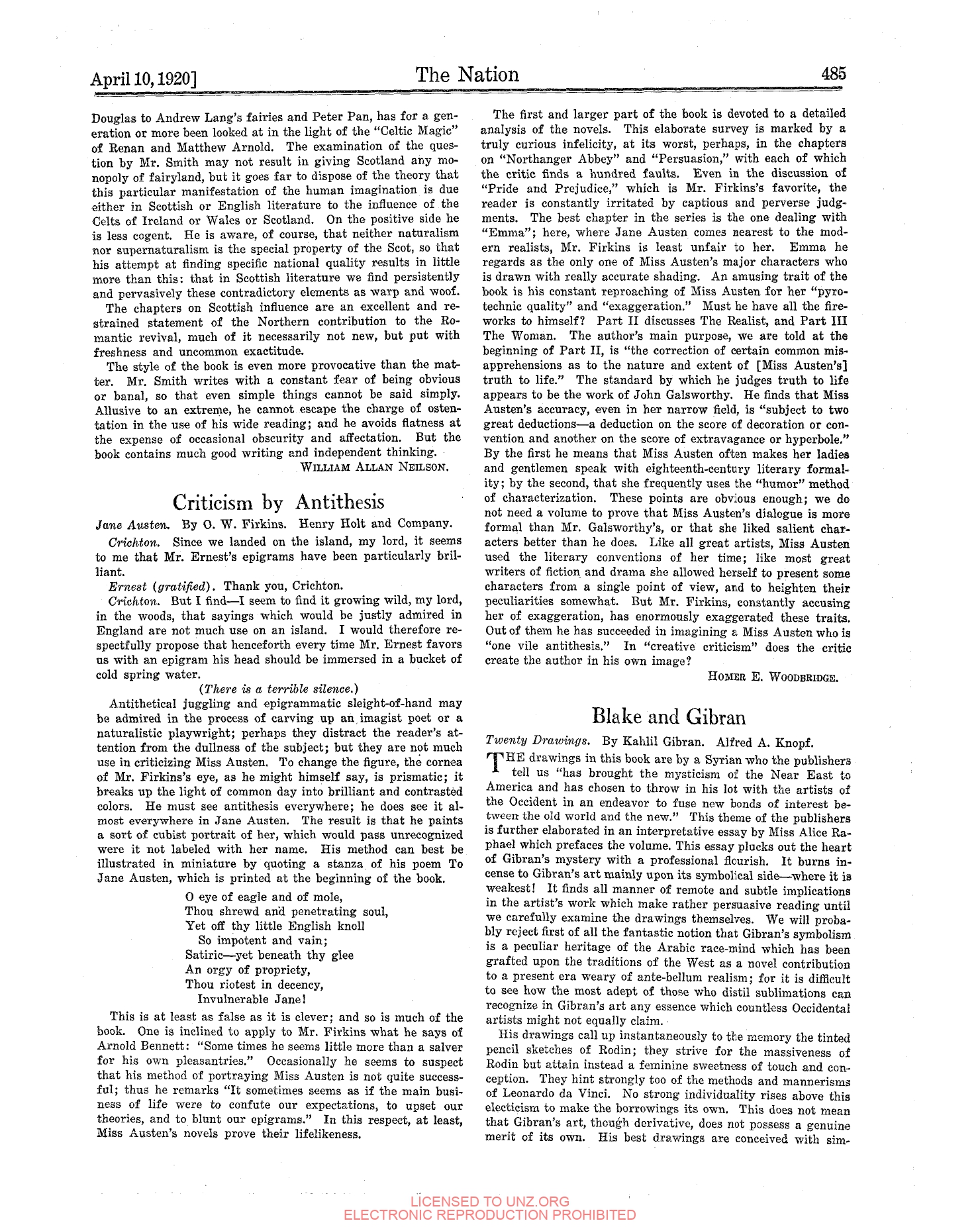Glen Mullin, Blake and Gibran [Review: K. Gibran, Twenty Drawings, New York: Knopf, 1919], The Nation, April 10, 1920, pp. 485-486.