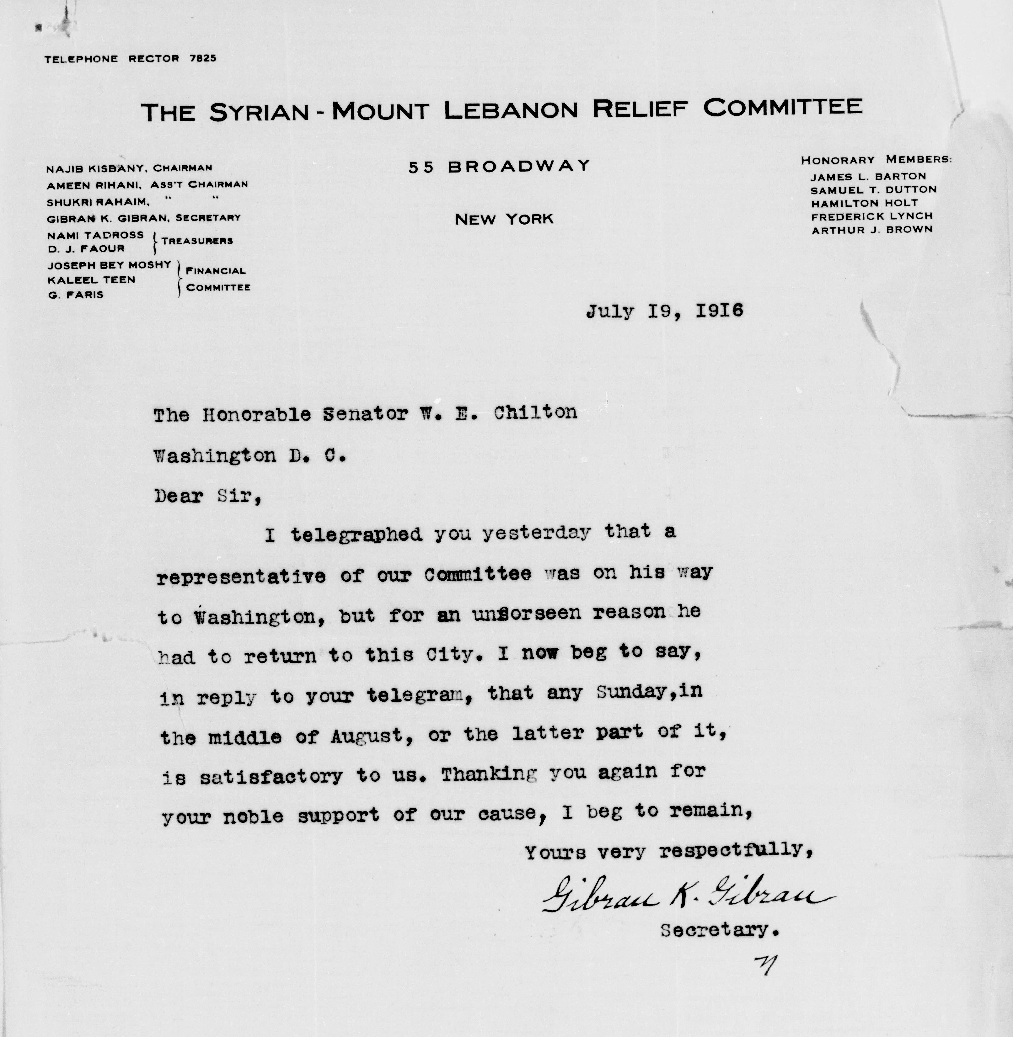 Letter of Kahlil Gibran to Senator W.E. Chilton, July 19, 1916