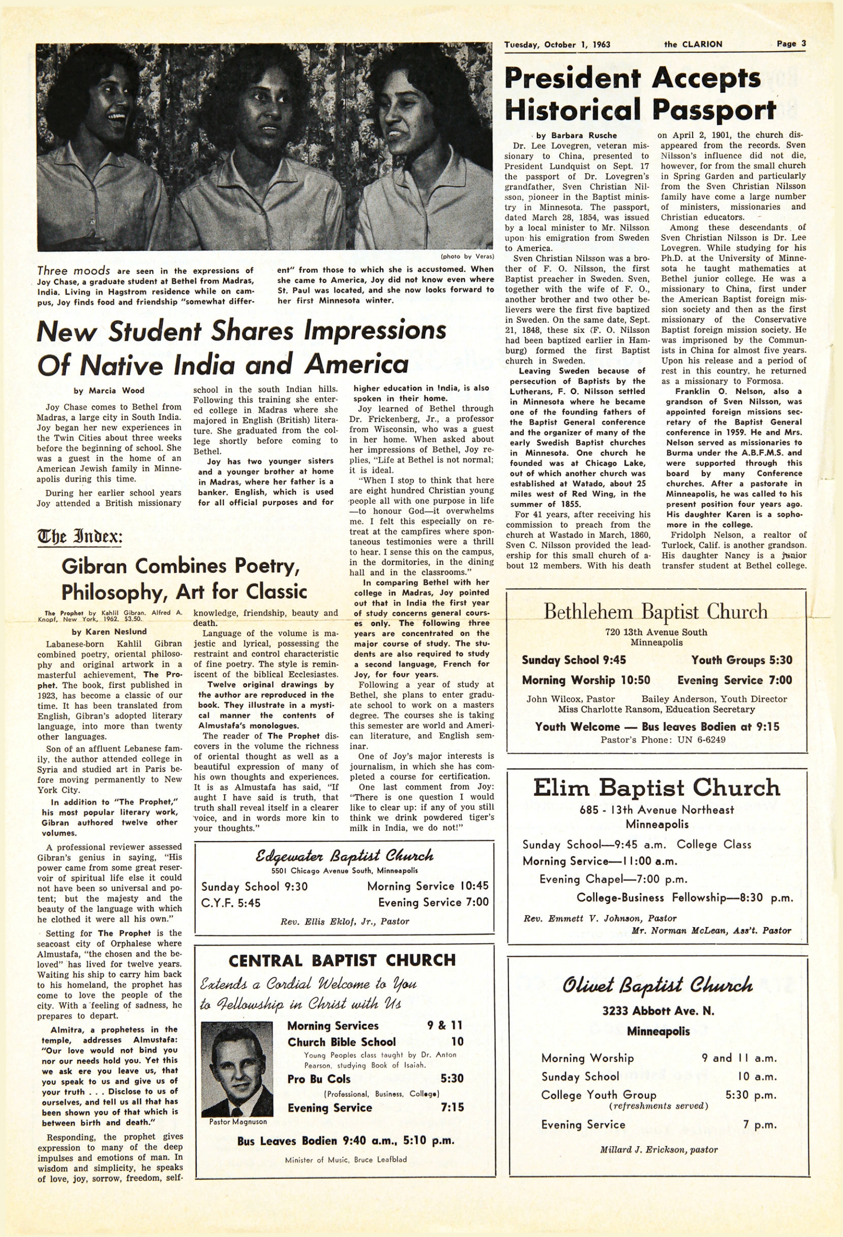 Karen Neslund, Gibran Combines Poetry, Philosophy, Art for Classic, 'The Clarion', Bethel College and Seminary, St. Paul, Minn.