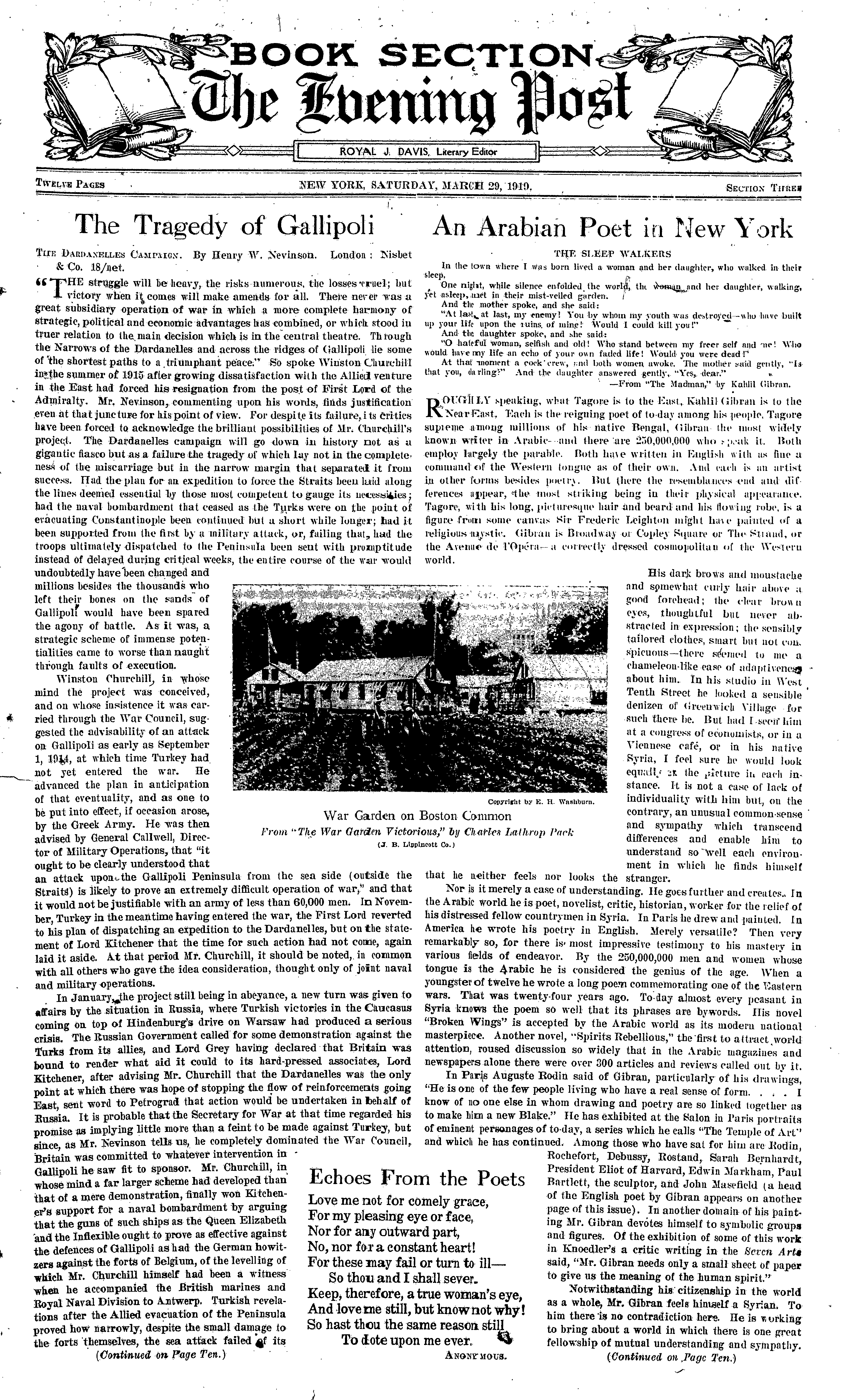 Joseph Gollomb, "An Arabian Poet in New York" [Interview with Kahlil Gibran], New York Evening Post, March 29, 1919, Book Section, pp. 1 and 10.