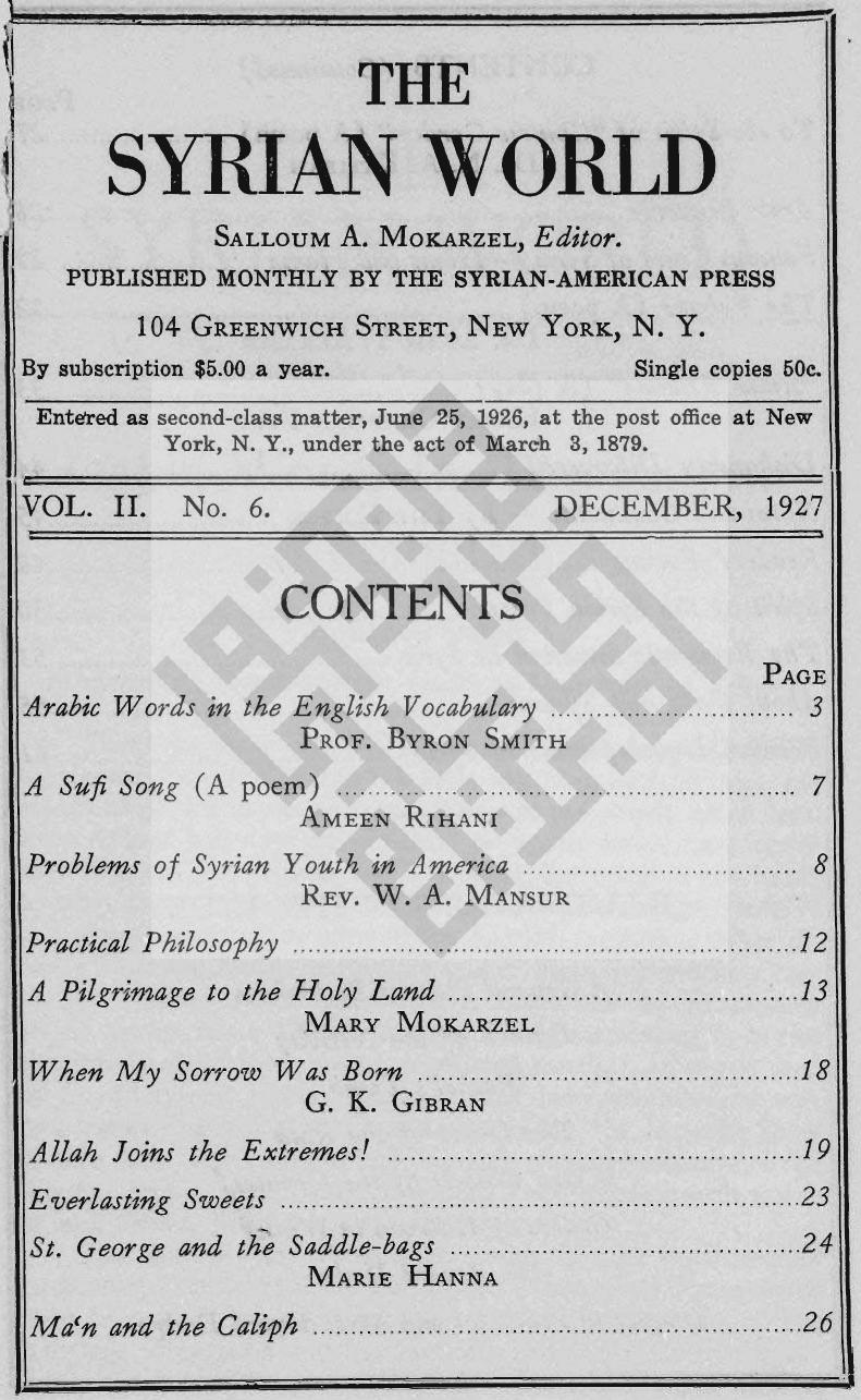 When my Sorrow was Born, The Syrian World, 2, 6, December 1927