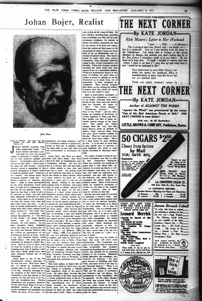 Johan Bojer, Realist [Gibran's Portrait of Joan Bojer], "The New York Times" (New York, New York), Sun, Jan 9, 1921