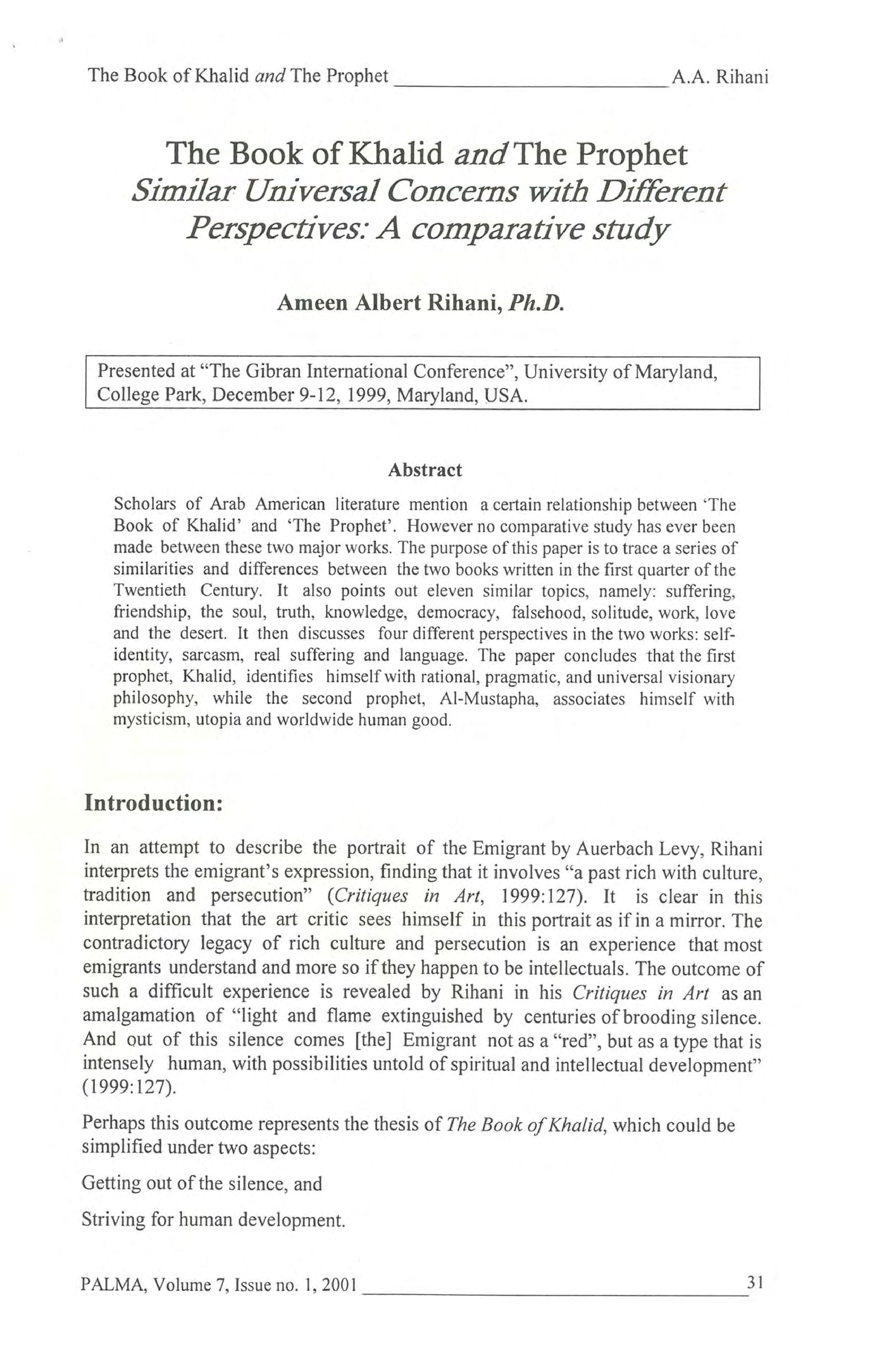 Ameen Albert Rihani, The Book of Khalid and The Prophet. Similar Universal Concerns with Different Perspectives: A Comparative Study