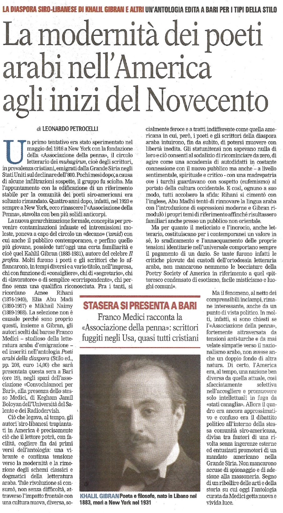 Leonardo Petrocelli, "La modernità dei poeti arabi nell'America agli inizi del Novecento", La Gazzetta del Mezzogiorno, Feb 8, 2016, p. 15 (review)