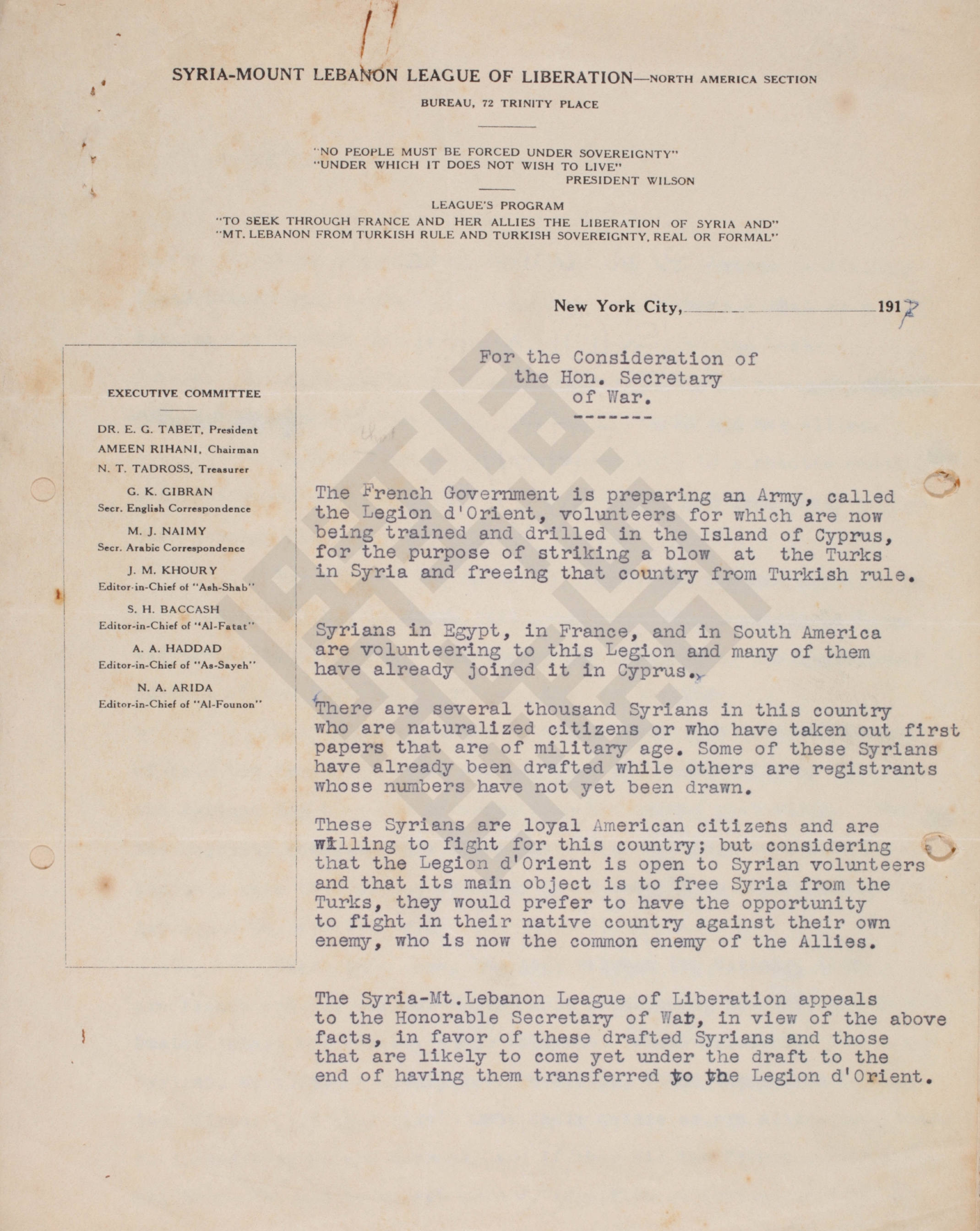 Newsletter from the Syria-Mount Lebanon League of Liberation (1917)