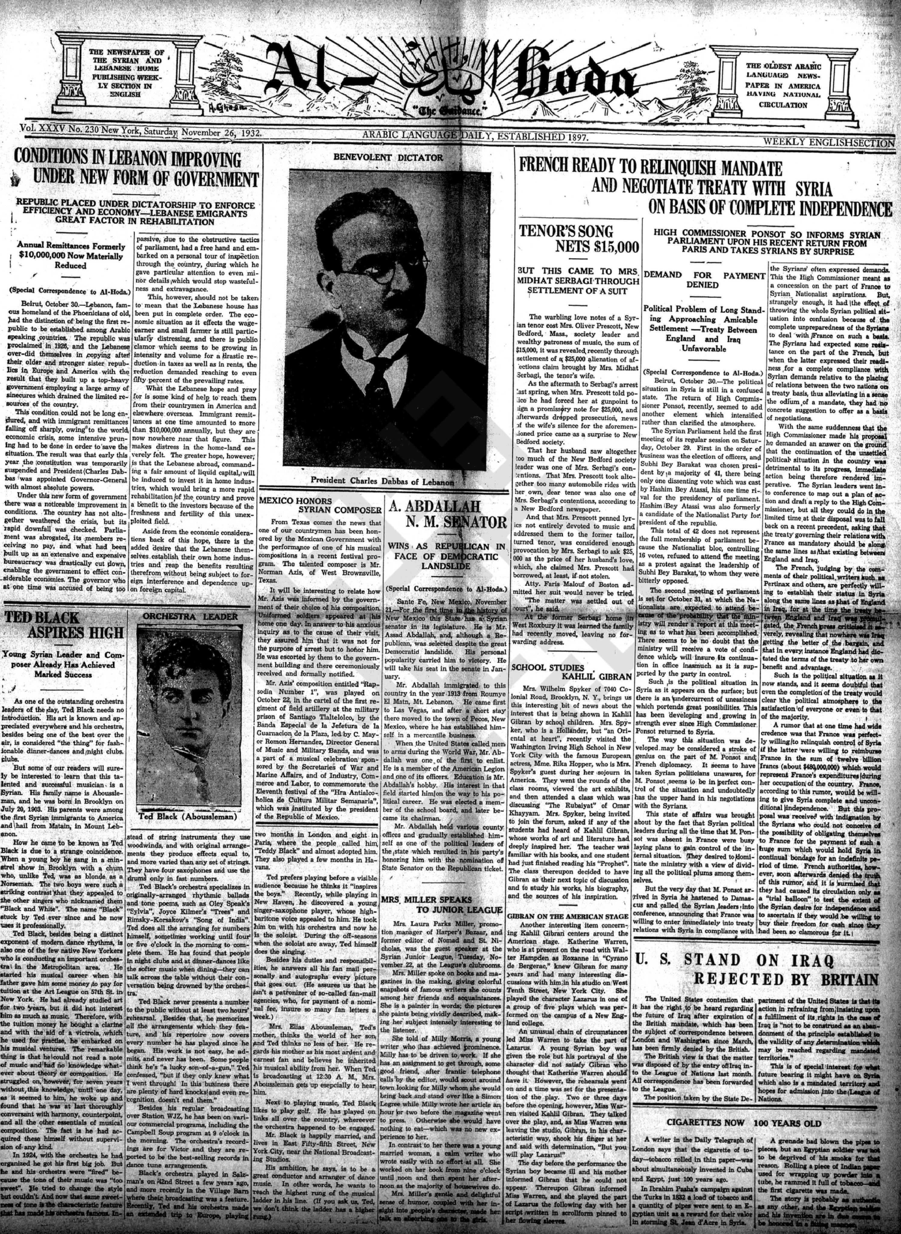 School Studies Kahlil Gibran - Gibran on the American Stage, "Al-Hoda", Nov. 26, 1932.