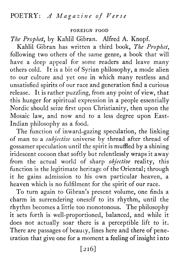 Marjorie Allen Seiffert, Reviewed Work: "The Prophet" by Kahlil Gibran, "Poetry", Vol. 23, No. 4 (Jan., 1924), pp. 216-218.