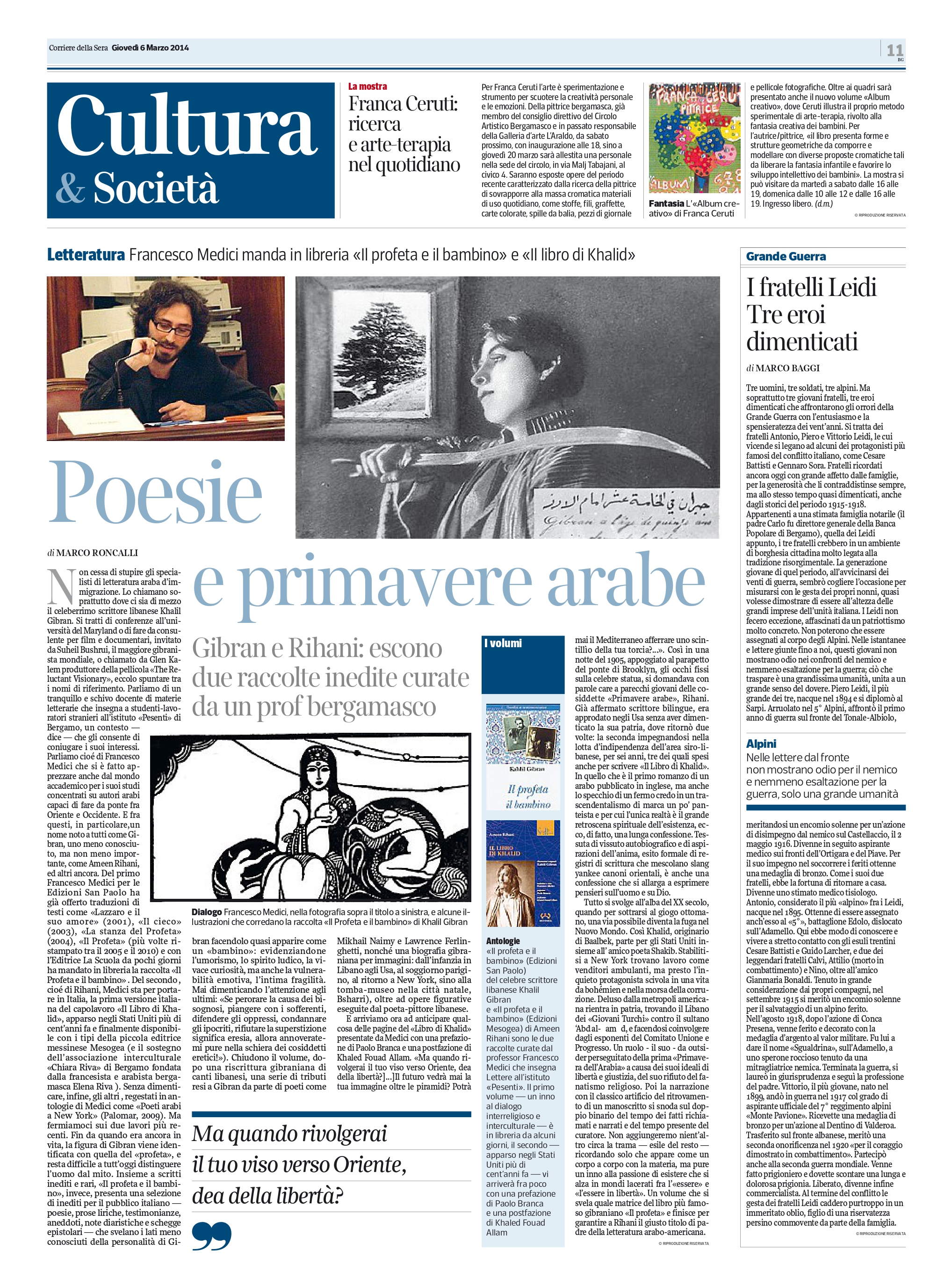 Marco Roncalli, "Poesie e primavere arabe", Corriere della Sera, Mar 6, 2014, p. 11