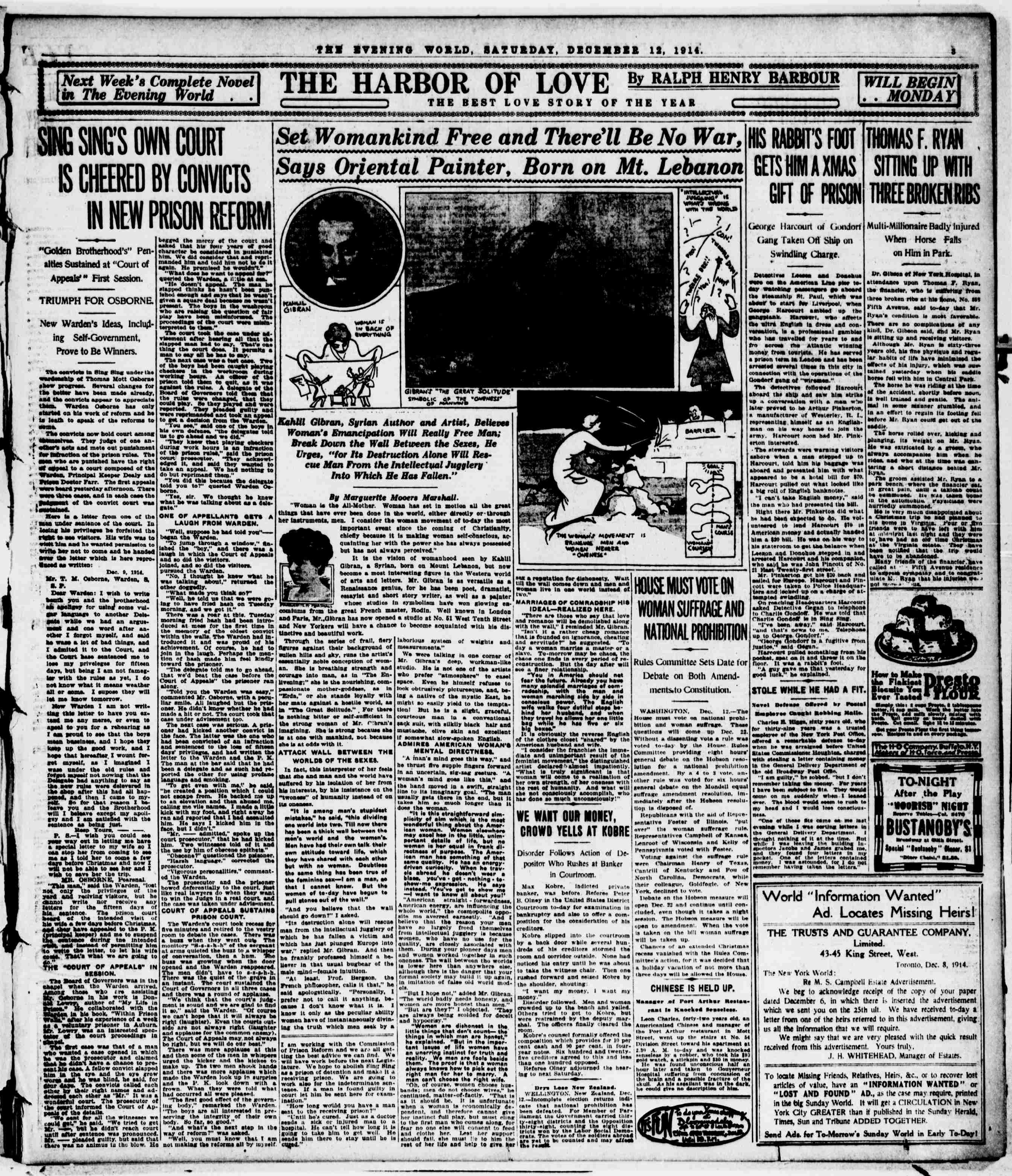 Marguerite Mooers Marshall, Set Womankind Free and There'll Be no War, Says Oriental Painter, Born on Mt. Lebanon, The Evening World, Saturday, December 12, 1914