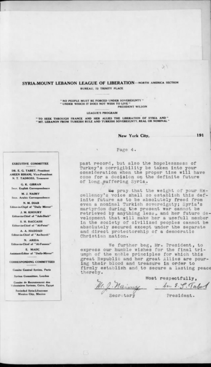 Syrian-Lebanese League of Liberation Papers, November 12, 1919 (excerpts)