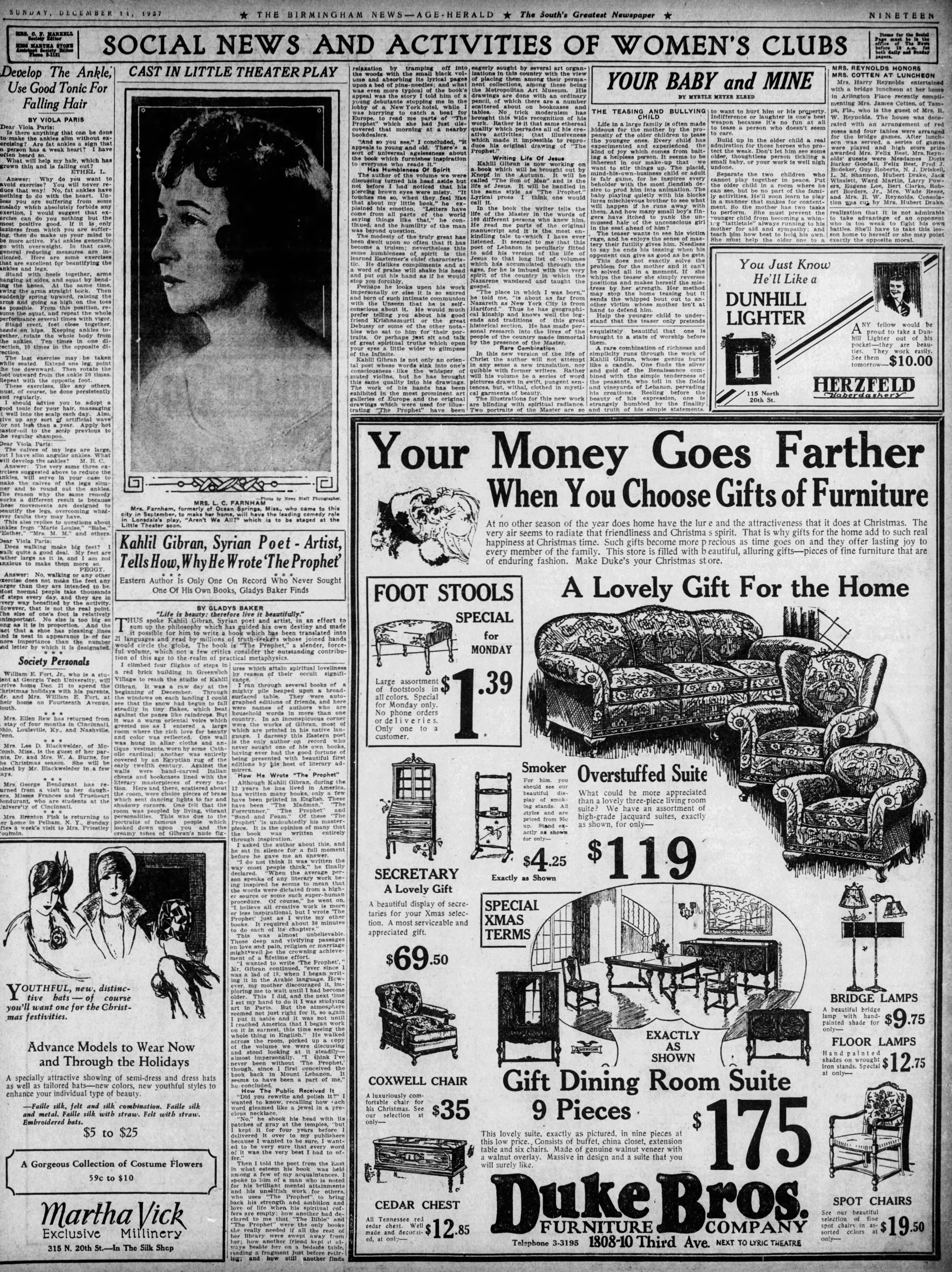 Gladys Baker, "Kahlil Gibran, Syrian Poet-Artist, Tells How, Why He Wrote ‘The Prophet’", The Birmingham News, Sunday, December 11, 1927, p. 19.